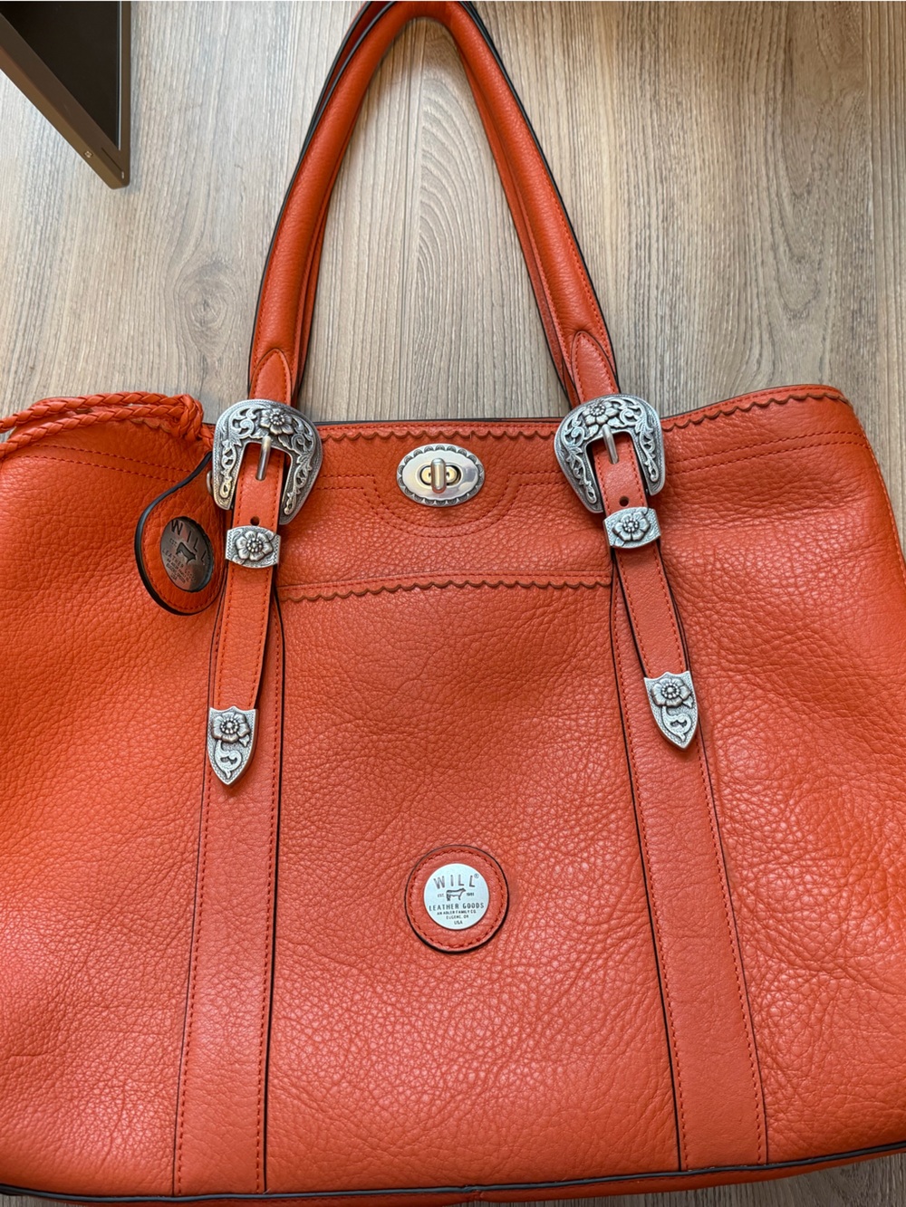 Will Leather Goods Orange Leather Tote with Silver Western Buckles